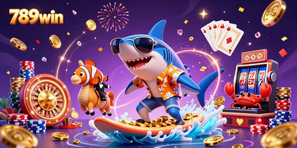 Surf thrilling games with 789win where a shark and friends celebrate in a vibrant casino scene.