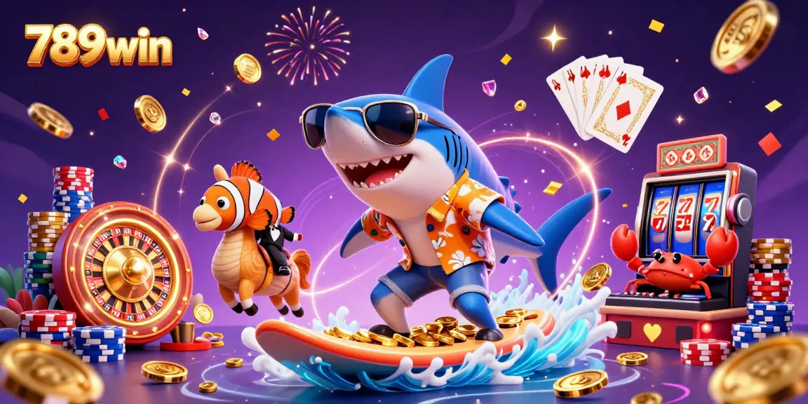Surf thrilling games with 789win where a shark and friends celebrate in a vibrant casino scene.