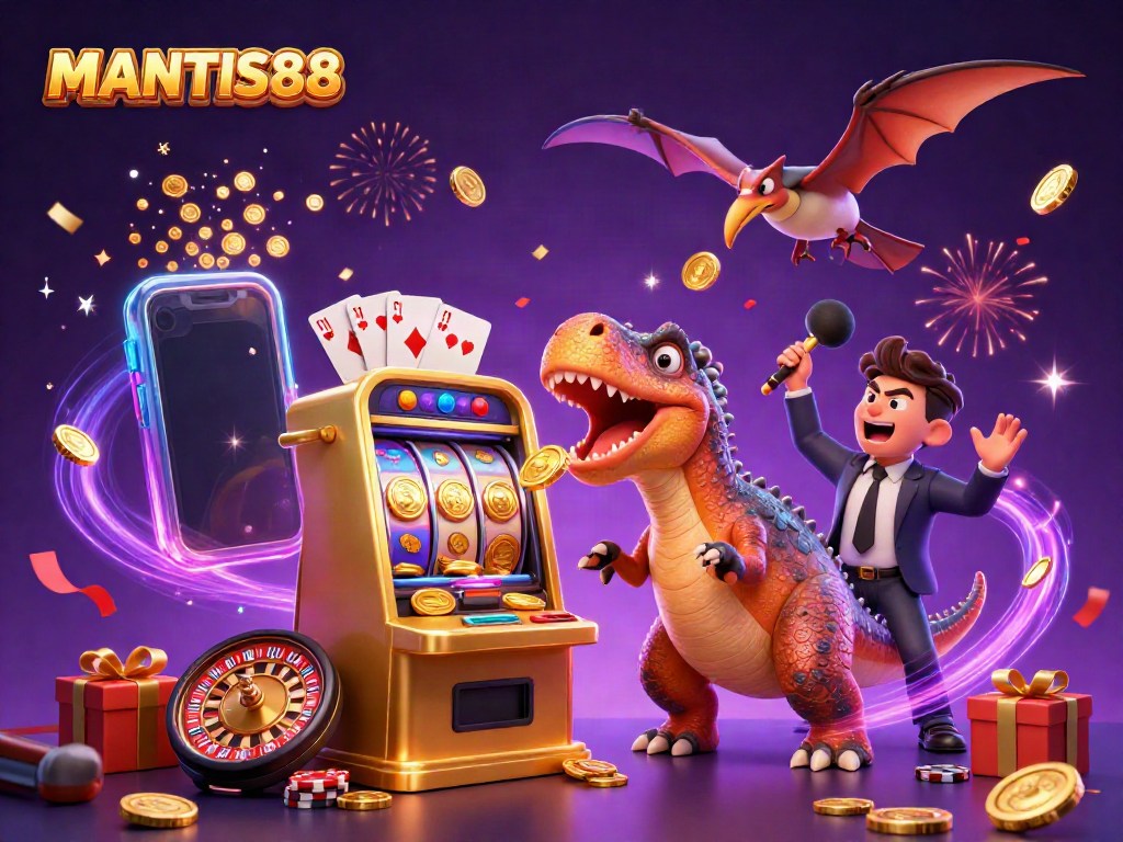 MANTIS88 animated scene showing a dinosaur hitting a slot machine, creating a jackpot with flying coins.