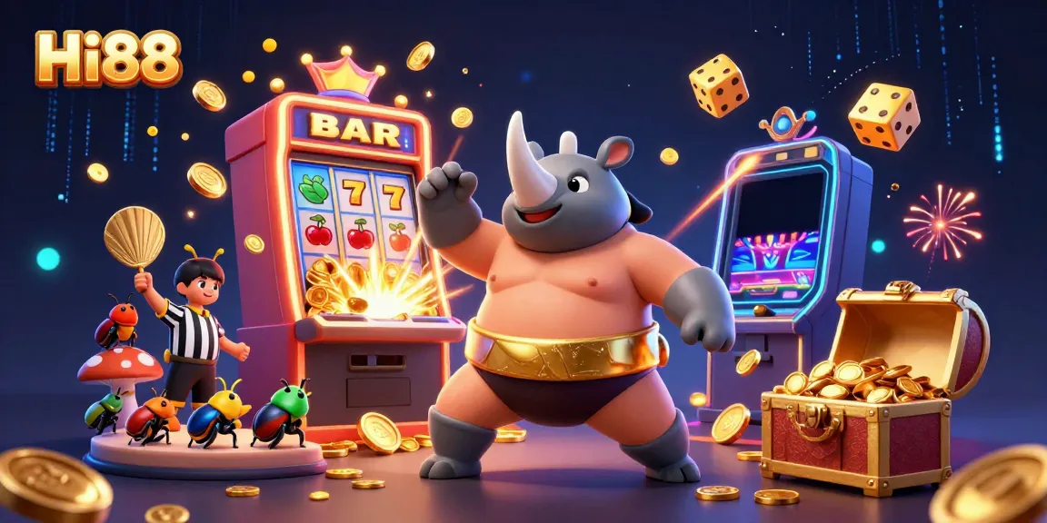 Hi88 jackpot scene with a cartoon rhinoceros beetle champion, slot machine, and colorful casino elements exploding with coins.