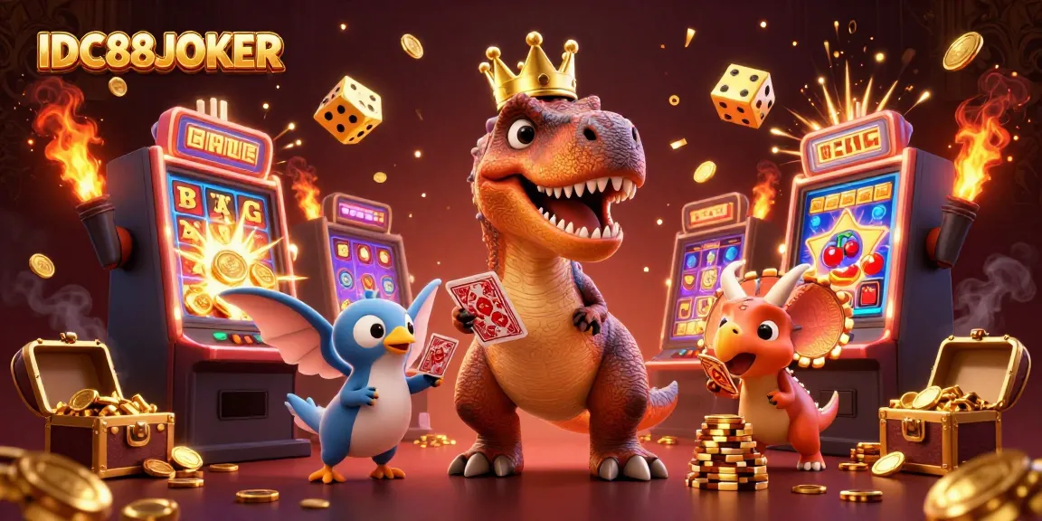 Engage with IDC88JOKER's vibrant atmosphere as T-Rex hustles cards and dinosaurs celebrate winnings in epic digital illustration.