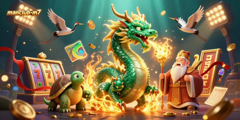 Engage in thrilling gaming action with manclub-m7 featuring vibrant dragon, turtle, and lucky cranes.