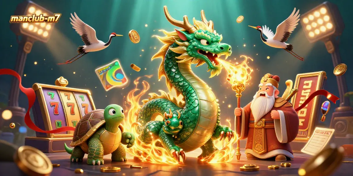 Engage in thrilling gaming action with manclub-m7 featuring vibrant dragon, turtle, and lucky cranes.