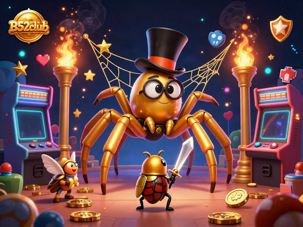 B52club brings excitement to life with a golden tarantula and beetle knight in a vibrant casino scene.