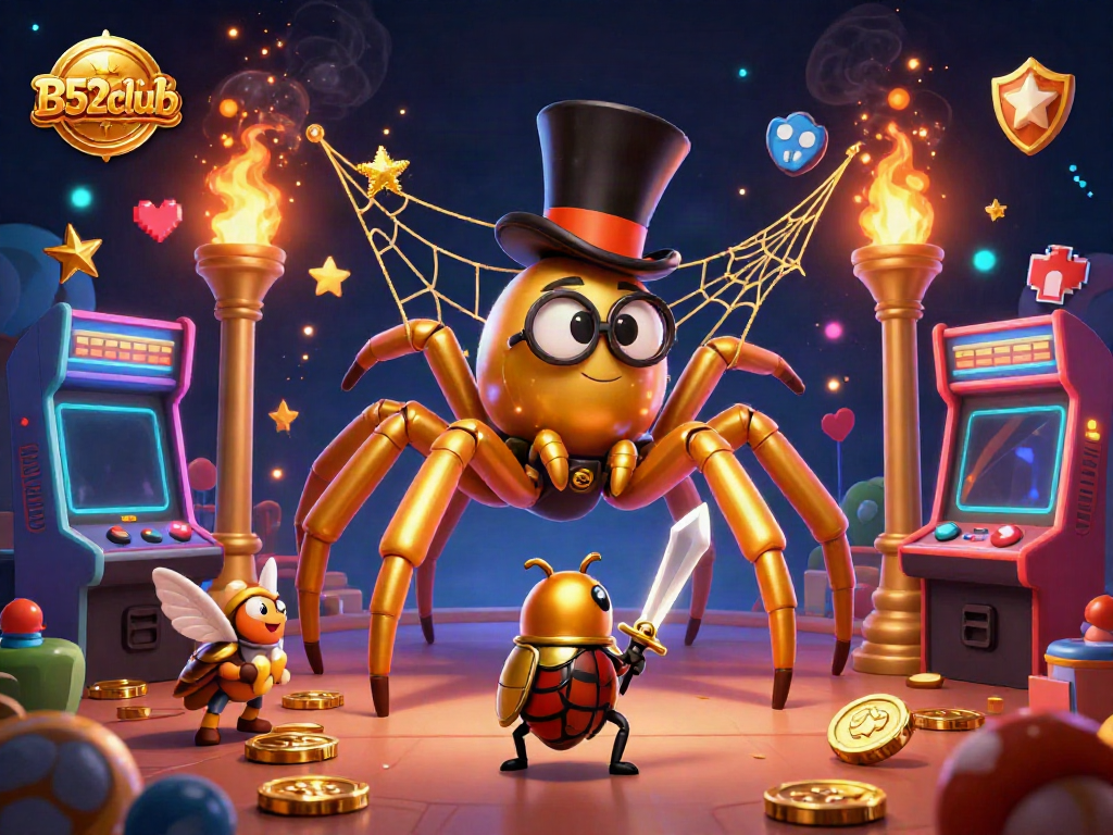 B52club brings excitement to life with a golden tarantula and beetle knight in a vibrant casino scene.