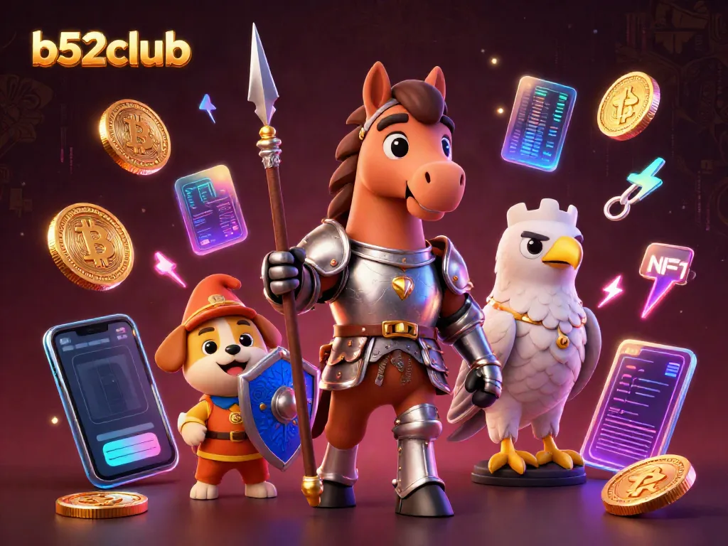 Engage in the thrilling world of b52clubb with a knight, puppy, and falcon surrounded by glowing crypto elements.