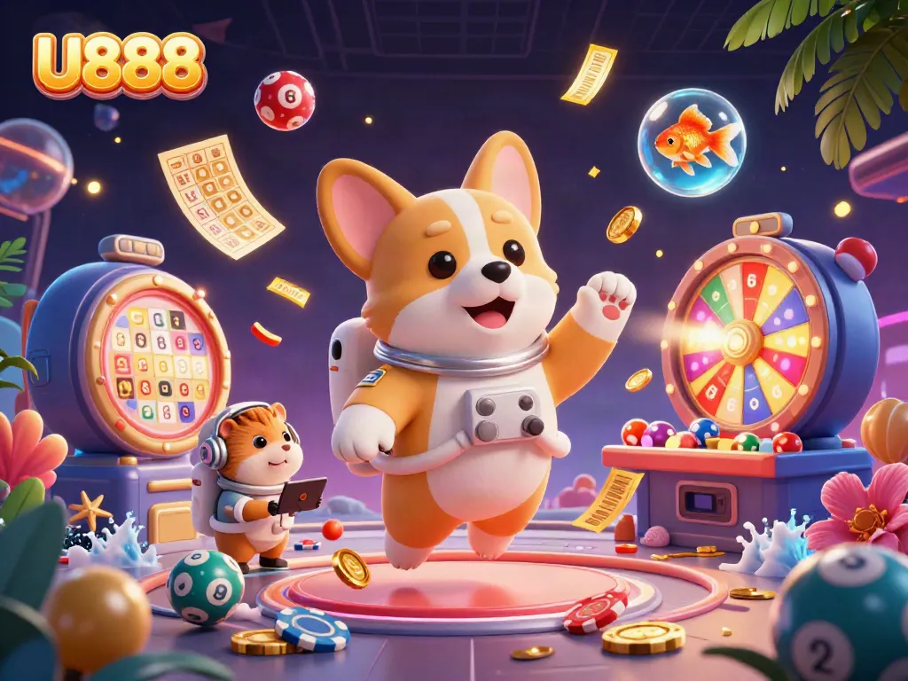 Spin to win with U888 in this vibrant casino-inspired scene featuring exciting characters.