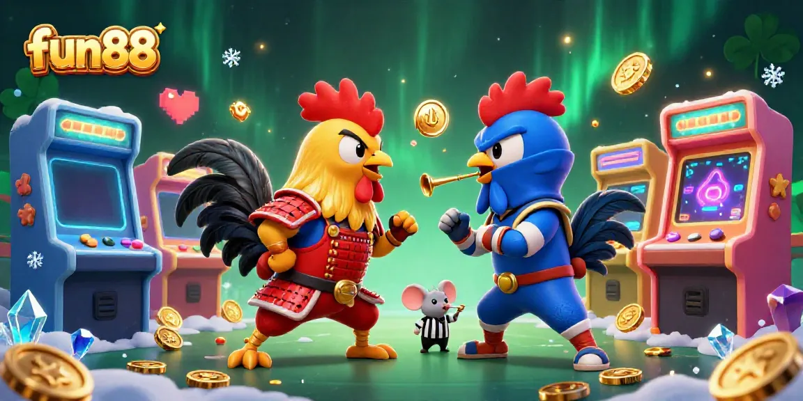 Experience fun88 with an epic duel between samurai and ninja roosters in a vibrant gaming environment.
