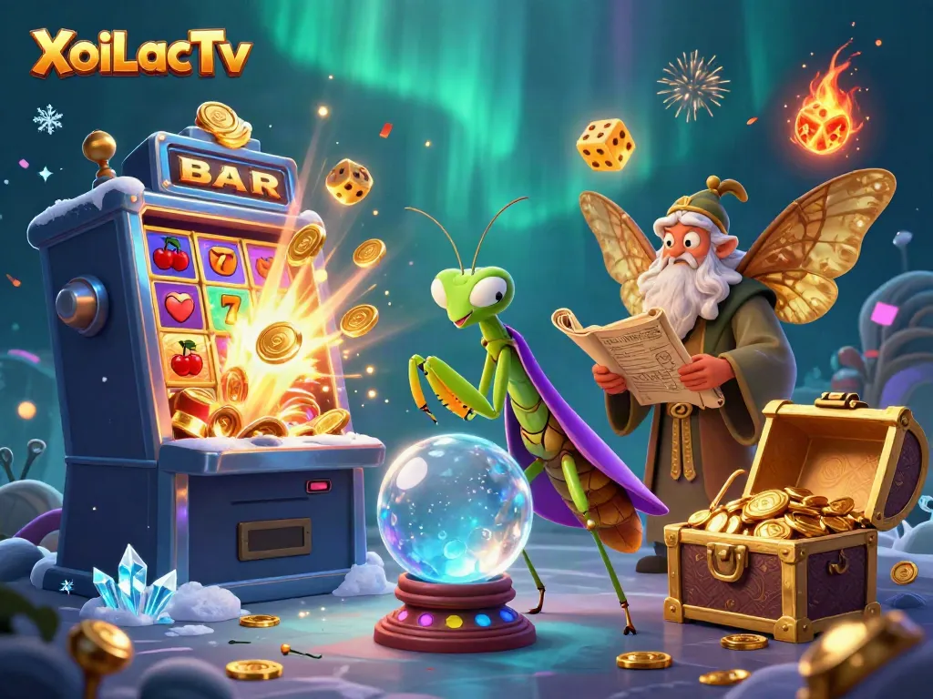 XoiLacTv showcases dynamic casino action with a cartoon praying mantis fortune teller and slot machine explosion.