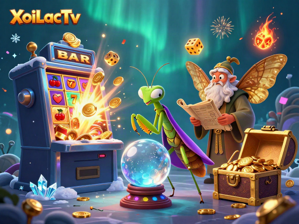 XoiLacTv showcases dynamic casino action with a cartoon praying mantis fortune teller and slot machine explosion.