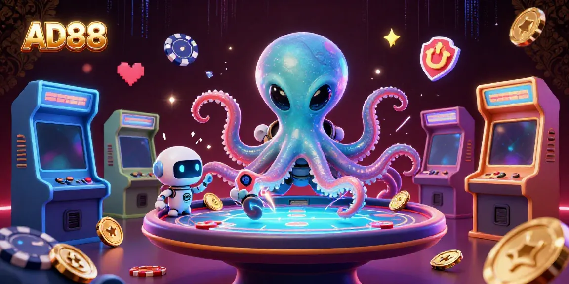 Join the vibrant gaming action with AD88's thrilling alien poker scene filled with excitement and cosmic visuals.