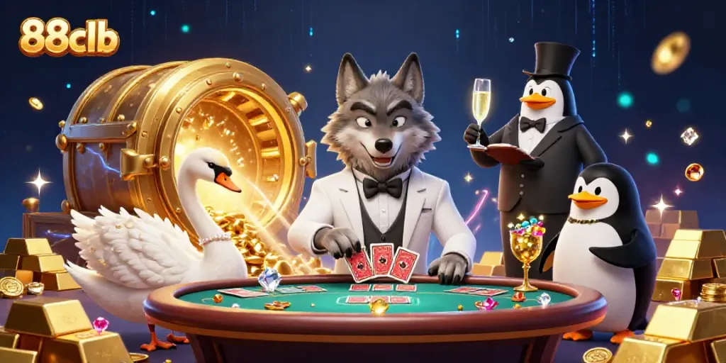 Engage with 88clb in a vibrant scene featuring a debonair wolf, elegant swan, and sophisticated penguin in a dynamic casino environment.