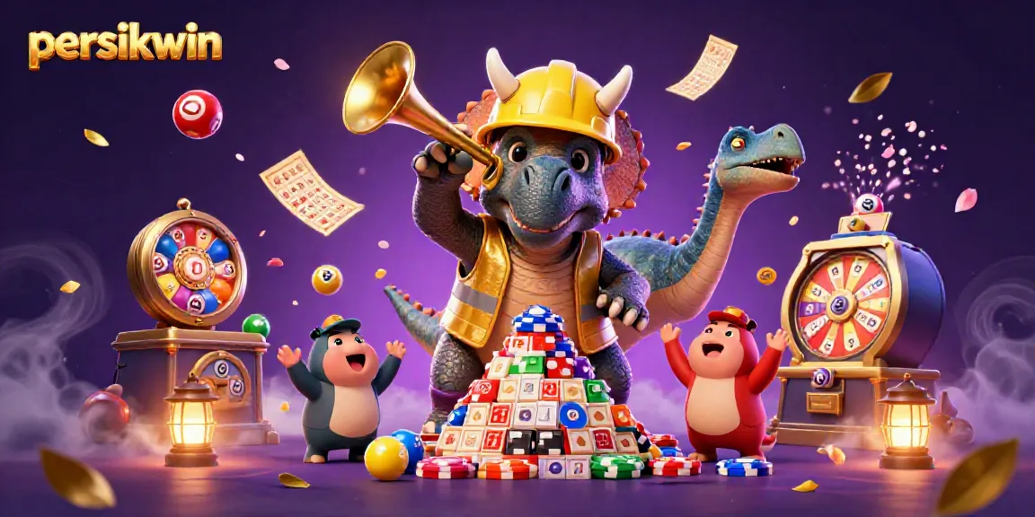 Membangun kegembiraan perjudian dengan persikwin, triceratops kartun membangun piramida chip poker.
