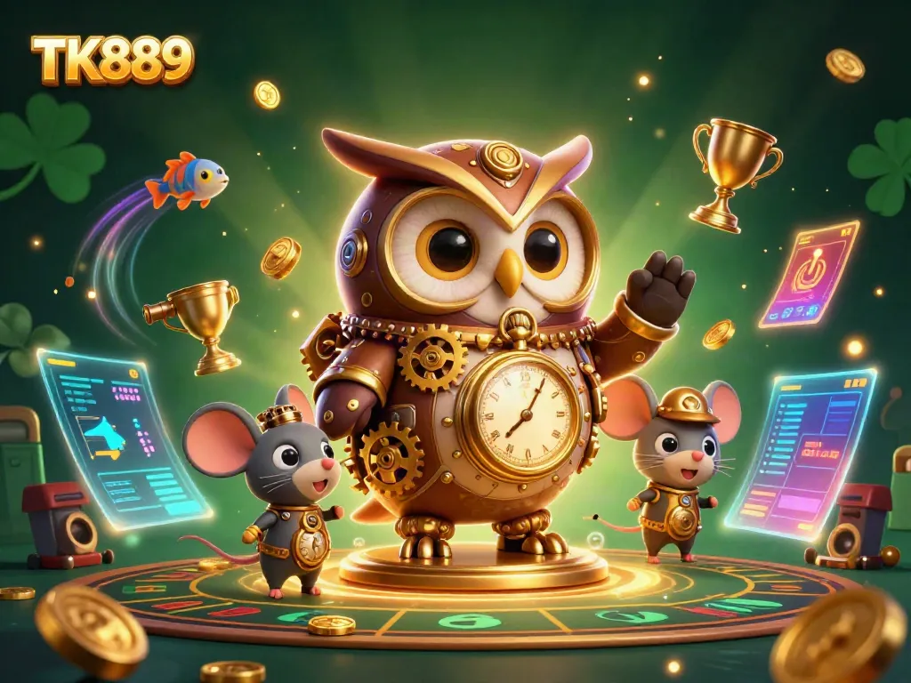 Experience the excitement of TK889 with cartoon characters and fishing game elements in a vibrant casino scene.