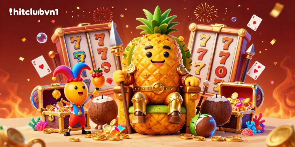 Engage with hitclubvn1 in this vibrant casino scene featuring a pineapple king amidst tropical elements and dynamic gameplay.