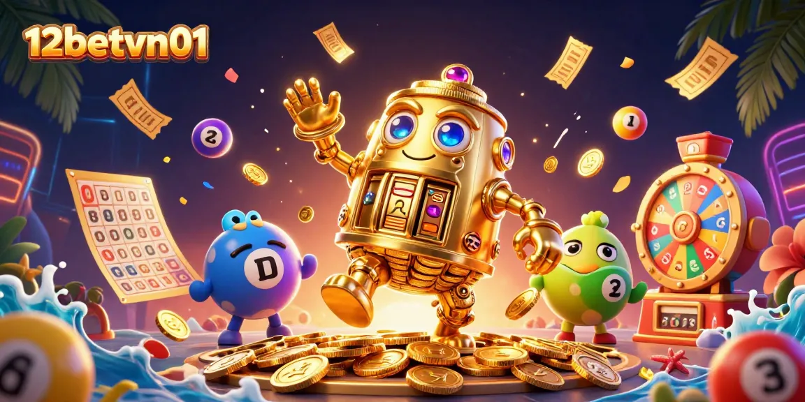 Win big with 12betvn01: Play in an exciting casino scene featuring animated golden golem.