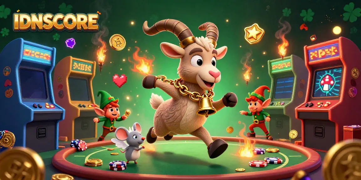 Experience the vibrant IDNSCORE casino scene with Krampus, angel mouse, and elf gremlins amid arcade elements.