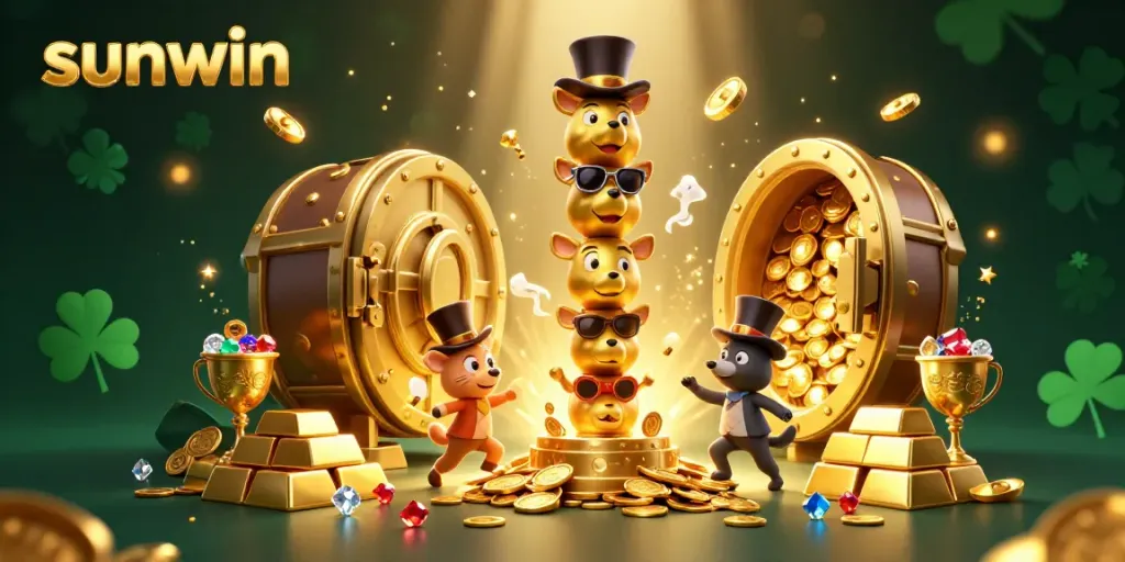 Experience the thrill of sunwin with cartoon totem icons, gold elements, and magical wisps in a vibrant casino scene.