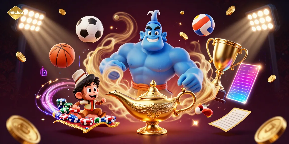 Engage with hitclub through a dynamic scene featuring a genie, monkey, and poker elements in a vibrant casino atmosphere.