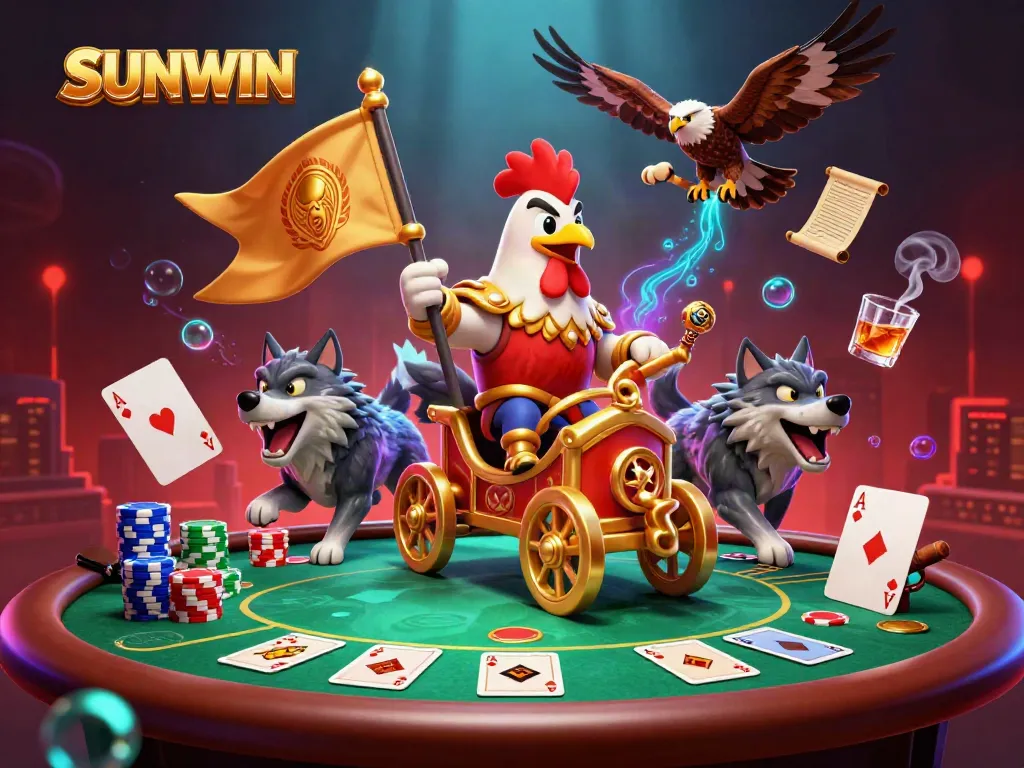 Experience an exciting game scene with the SUNWIN brand featuring a dynamic rooster warlord amidst poker elements.
