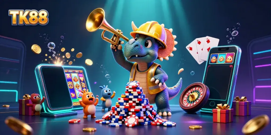 Engage with TK88, the exciting online gaming platform, featuring dynamic casino elements and joyful characters.