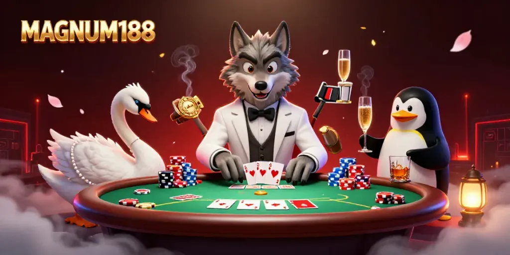 Experience thrilling games at MAGNUM188 with a debonair wolf, elegant swan, and penguin sommelier.