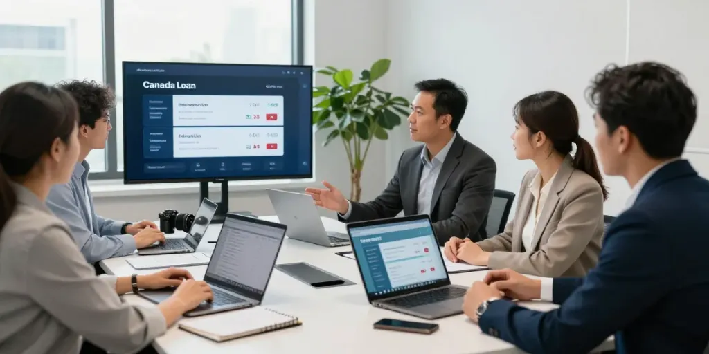Financial advisors discussing Canada loans in a modern office setting.
