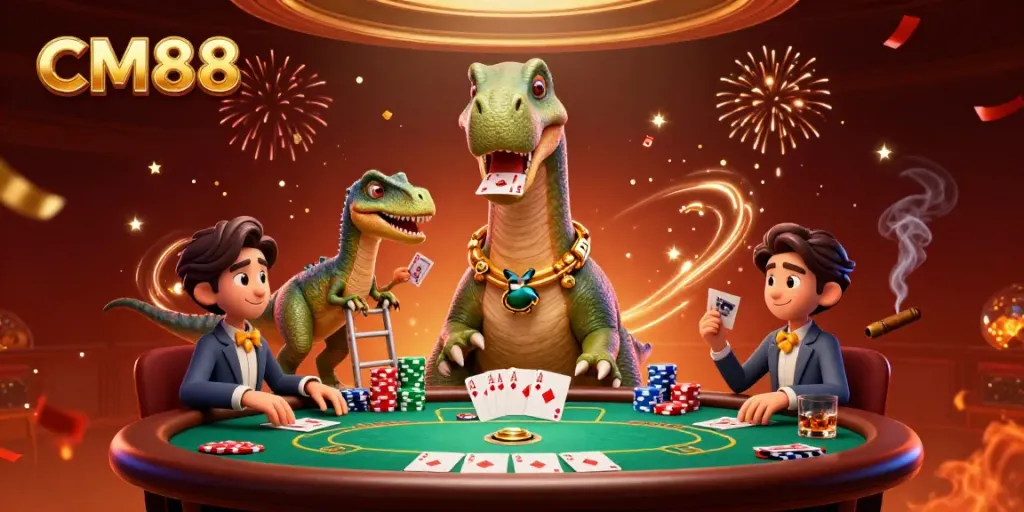 Experience excitement at CM88 with a giant brontosaurus and clever raptor at a vibrant poker table.