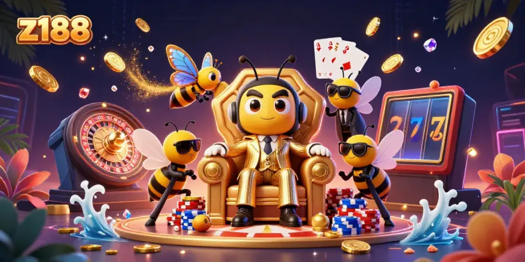 A captivating scene representing z188's vibrant casino atmosphere with a cartoon bumblebee mob boss surrounded by numerous gambling elements.