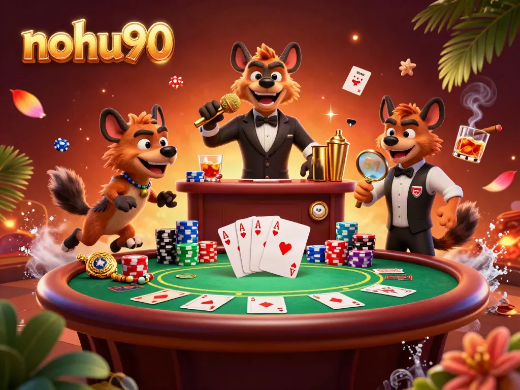 Engage with nohu90's vibrant casino scene featuring hyenas in action, showcasing comedy, drinks, and excitement.