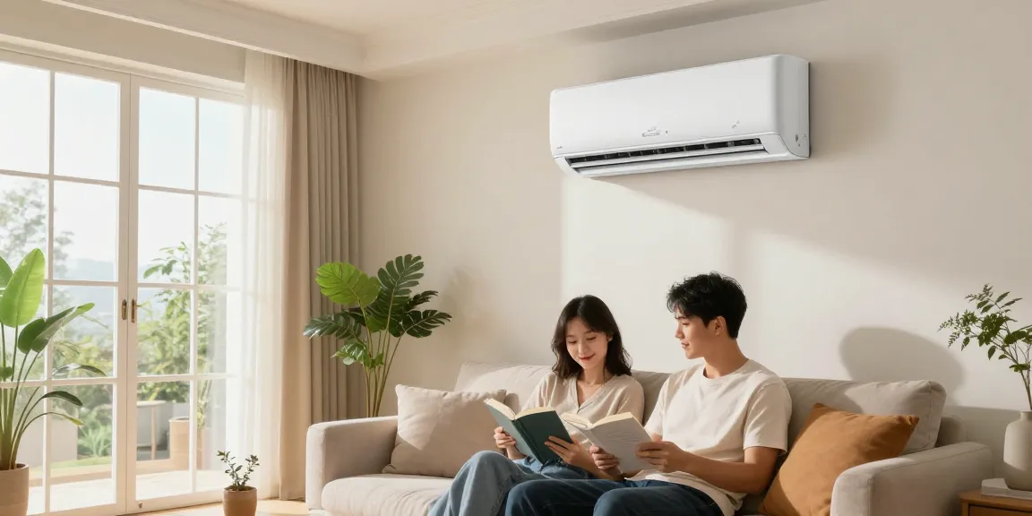 Cozy living room featuring a mini split air conditioner, with a couple enjoying their cool environment.