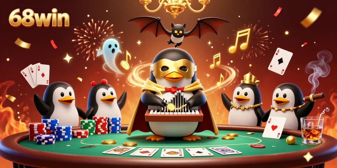 Experience excitement and strategy with 68win as a cartoon penguin orchestrates a lively casino scene.