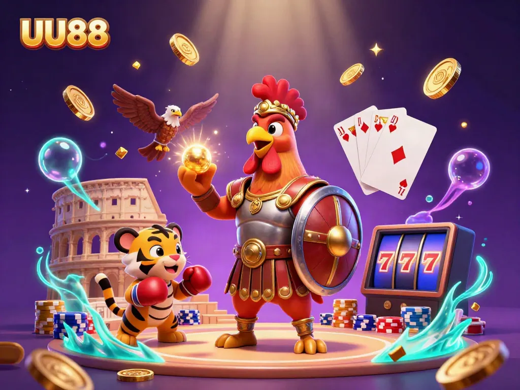 Engage in thrilling gameplay at UU88, featuring an epic scene with a gladiator rooster, coins, and a roulette wheel.