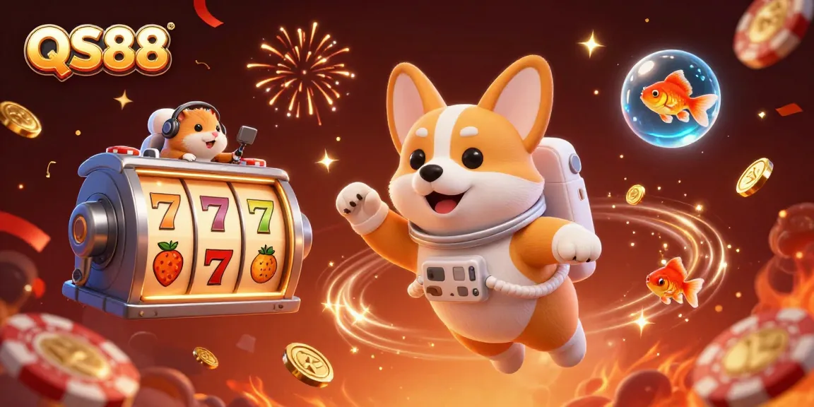 Experience excitement at QS88 with a cosmic casino scene featuring playful characters in a zero-gravity space.