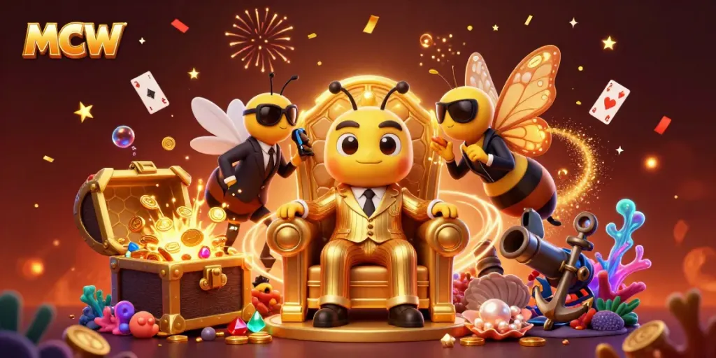 Engage with MCW's bumblebee mob boss in a vibrant casino-themed underwater world.