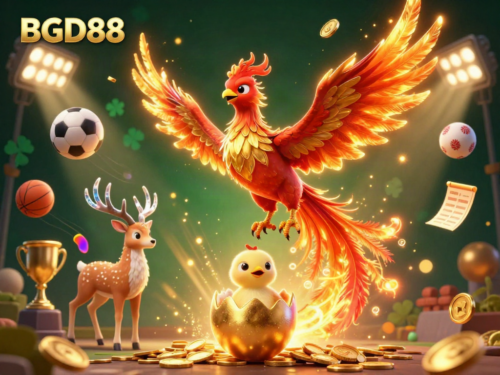 Experience the thrill of BGD88 with a vibrant 3D phoenix and dynamic sports elements in a casino setting.
