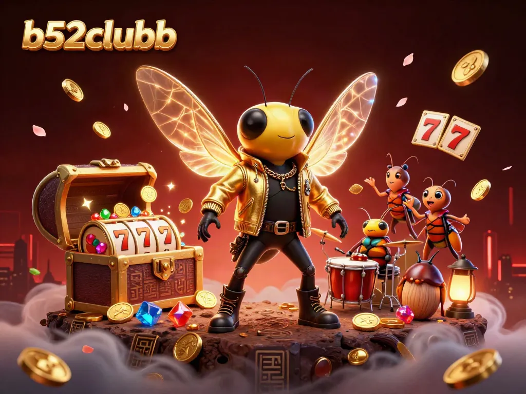 Bustling scene of b52clubb with a cartoon rock star, jackpot elements, and vibrant casino atmosphere.