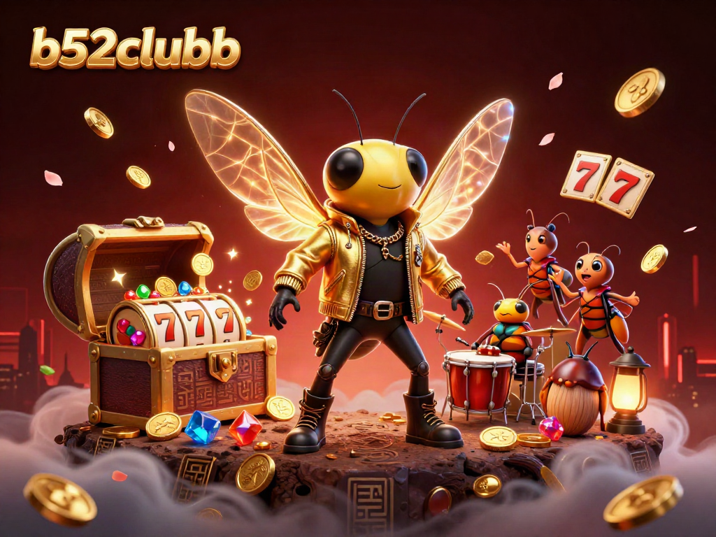 Bustling scene of b52clubb with a cartoon rock star, jackpot elements, and vibrant casino atmosphere.