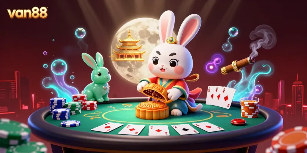 Experience the fun of van88 with a lively moon-themed poker scene featuring a traditional moon rabbit and vibrant casino elements.