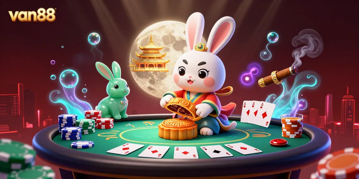 Experience the fun of van88 with a lively moon-themed poker scene featuring a traditional moon rabbit and vibrant casino elements.