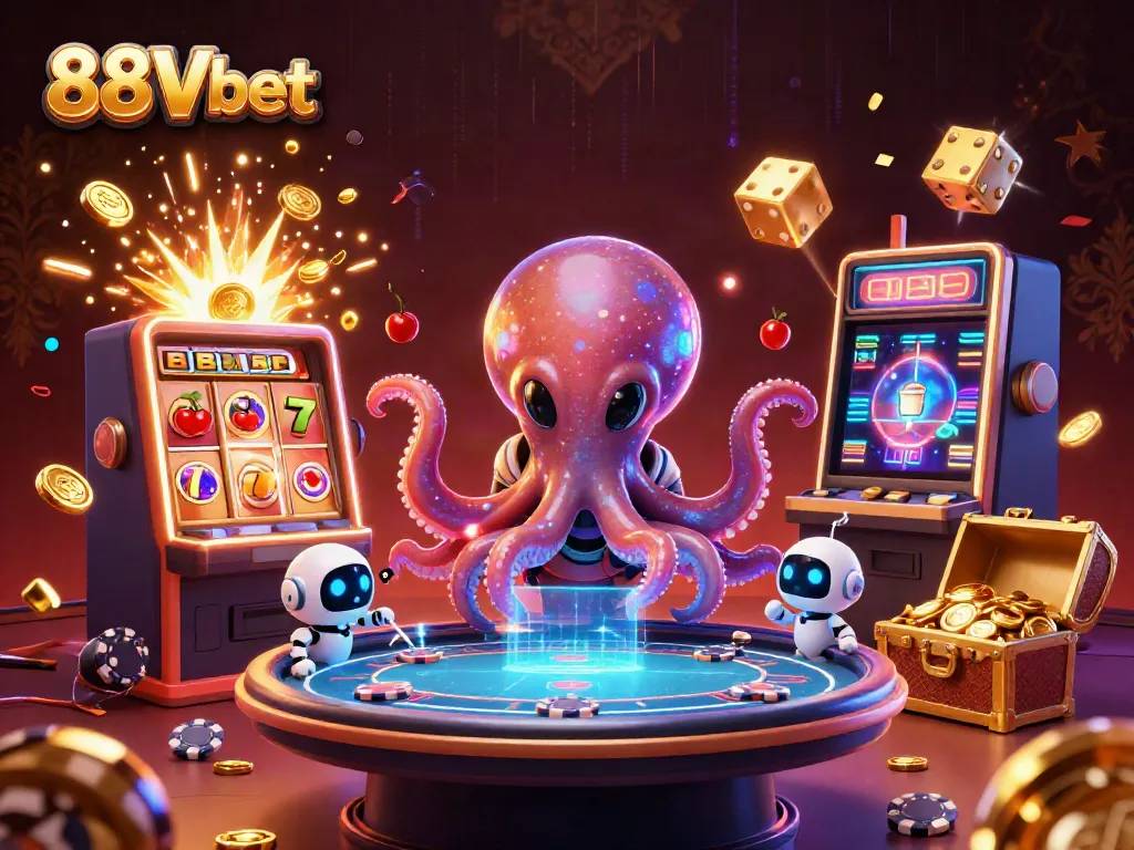 Engage with 88Vbet's vibrant gaming universe featuring an alien octopus at a poker table.