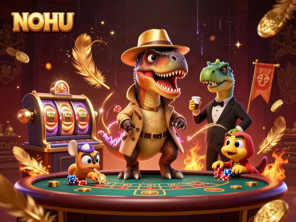 Watch the NOHU velociraptor card counter at a blackjack table amid swirling golden particles and vibrant energy.