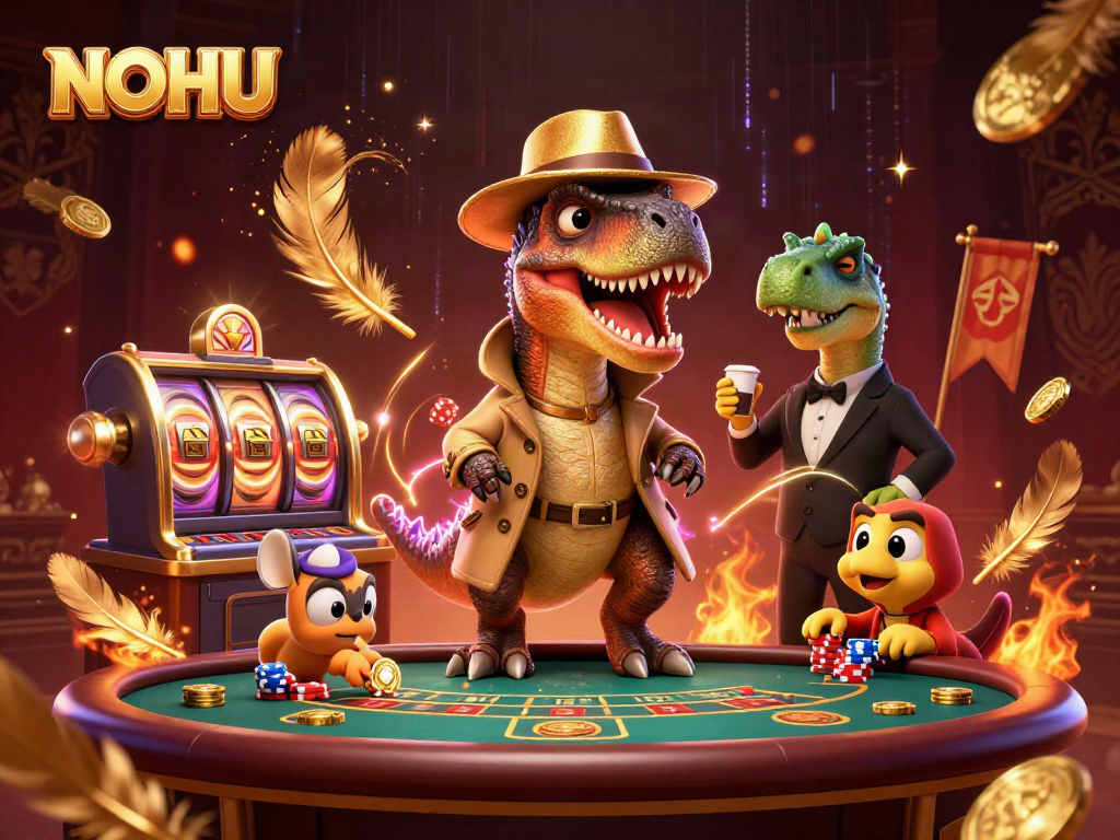 Watch the NOHU velociraptor card counter at a blackjack table amid swirling golden particles and vibrant energy.