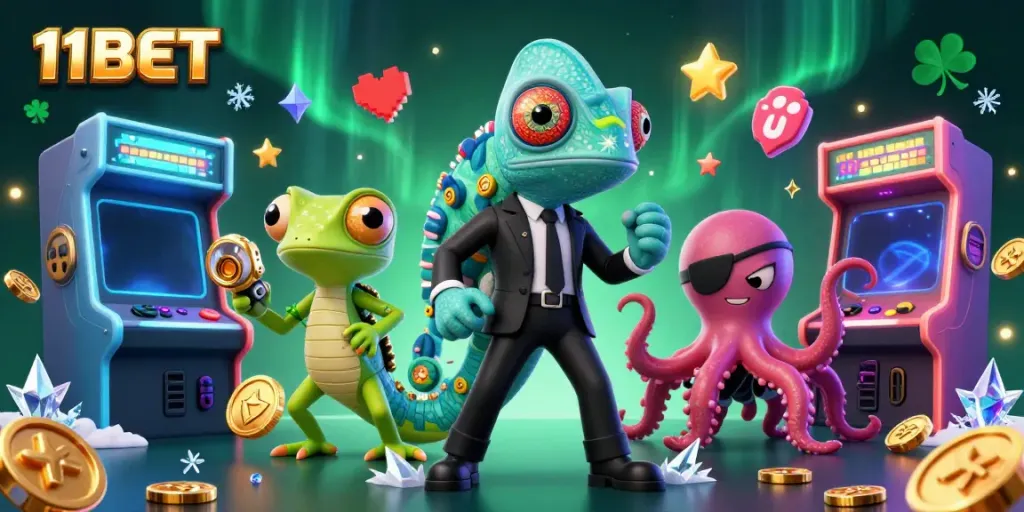 Join the excitement of 11BET with a dynamic scene featuring a chameleon agent and tech gecko amidst vibrant casino elements.
