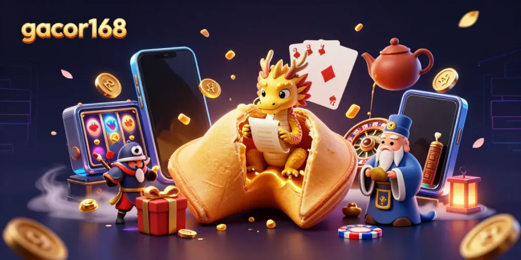 Experience the excitement of gacor168 with a vibrant 3D casino scene featuring dragon guardians and golden fortune.