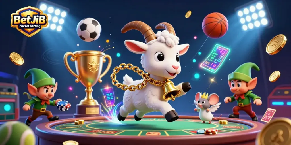 Experience BetJDB cricket betting thrill with sports balls, a goat dealer, and gremlins in chaotic fun.