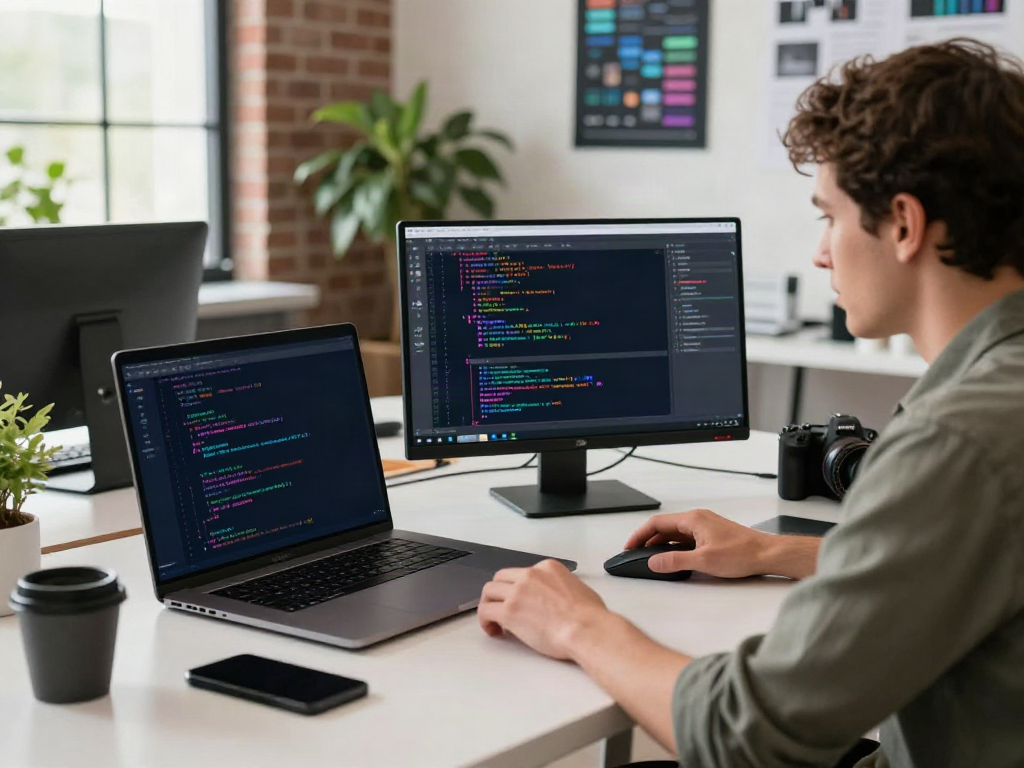 Developer immersed in coding on dual screens in a modern workspace highlighting the brave approach to technology.