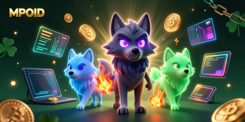 MPOID provides a thrilling online gaming experience with a dynamic 3D illustration of animated wolves surrounded by crypto elements and casino imagery.