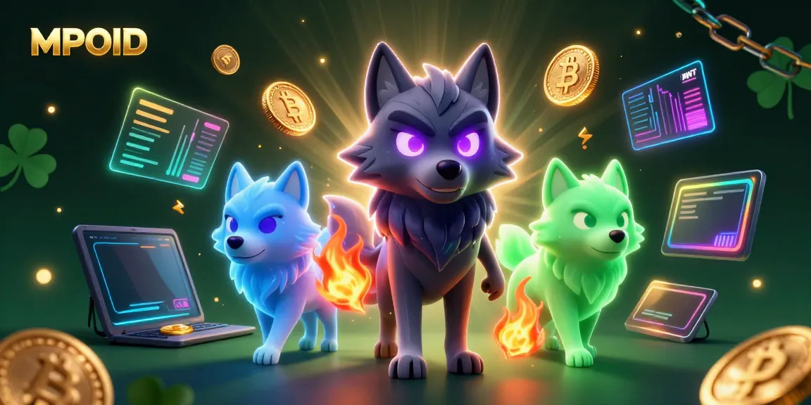MPOID provides a thrilling online gaming experience with a dynamic 3D illustration of animated wolves surrounded by crypto elements and casino imagery.