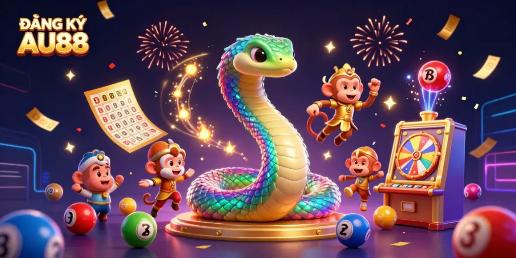 Engage with ĐĂNG KÝ AU88 for online fun, surrounded by vibrant gaming elements and characters.